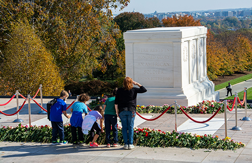 Arlington National Cemetery visitor salutes  Tomb of the Unknown Soldier