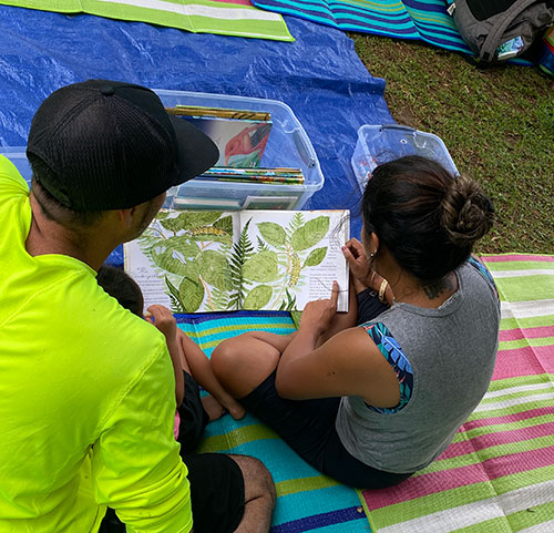 A parent and child reading a book together.