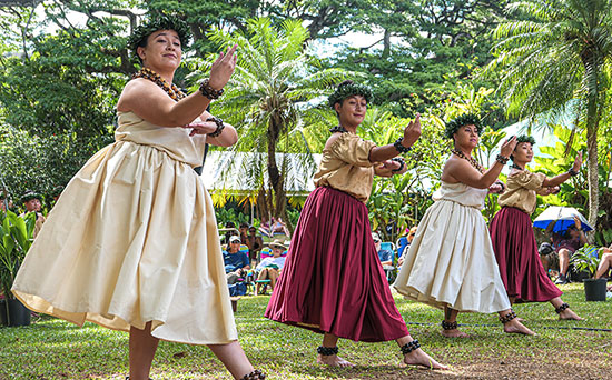 Women dressed in traditional clothes for a Hula performance.