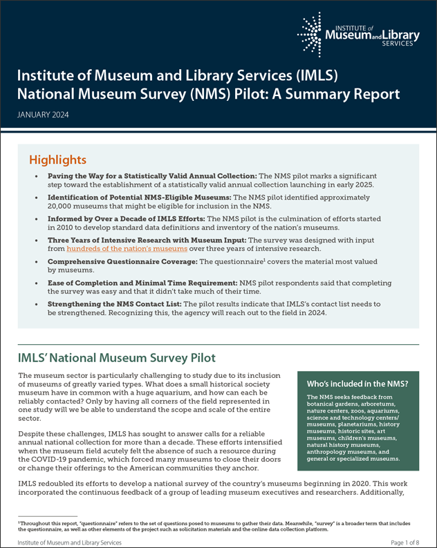 IMLS National Museum Survey Pilot: A Summary Report cover