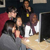 teens who are part of the International Rescue Committee's youth programs participate in a Spy Hop workshop