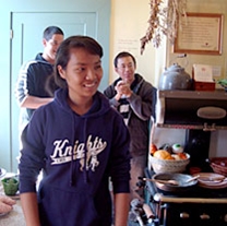 three docents in training in the Peralta Hacienda kitchens