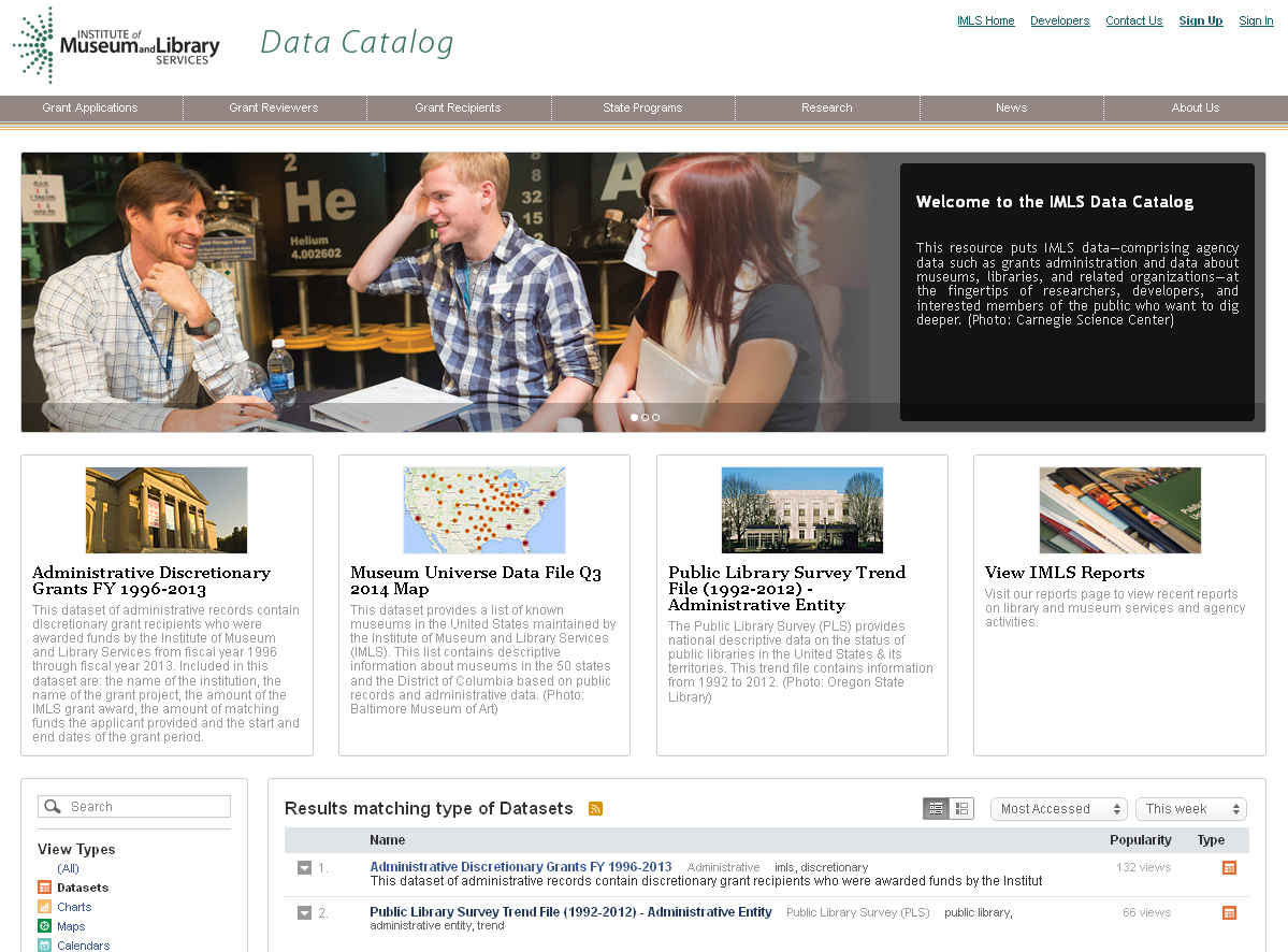 screen shot of data catalog homepage