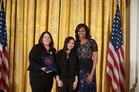 California Indian Museum and Cultural Center representative and student awardee standing with First Lady Michelle Obama