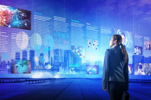 Young woman looking at various news images.