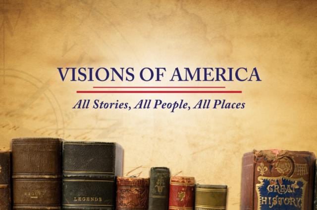 Visions of America All, Stories All People, All Places, row of books against a backdrop of a map.