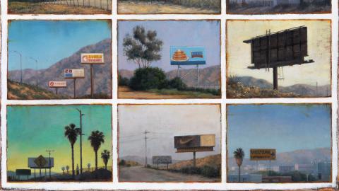 Oil on panel depicting billboards on the side of the road in the desert.