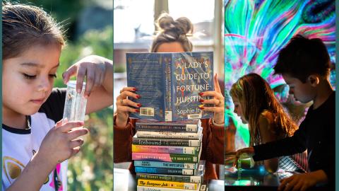 Three photos of museum and library patrons