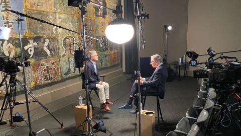 IMLS Director Crosby Kemper interviewing former Washington Governor Gary Locke in studio.